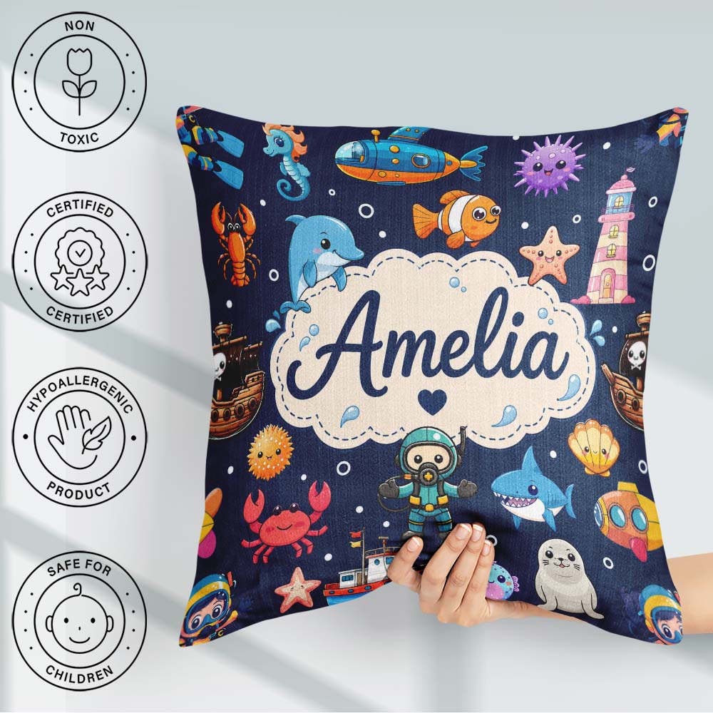 Custom Name Cartoon Ocean with Creatures on Deep Navy Background Square Filled Cushion Throw Pillow Sofa Bed Home Decor Zip Washable UK Made