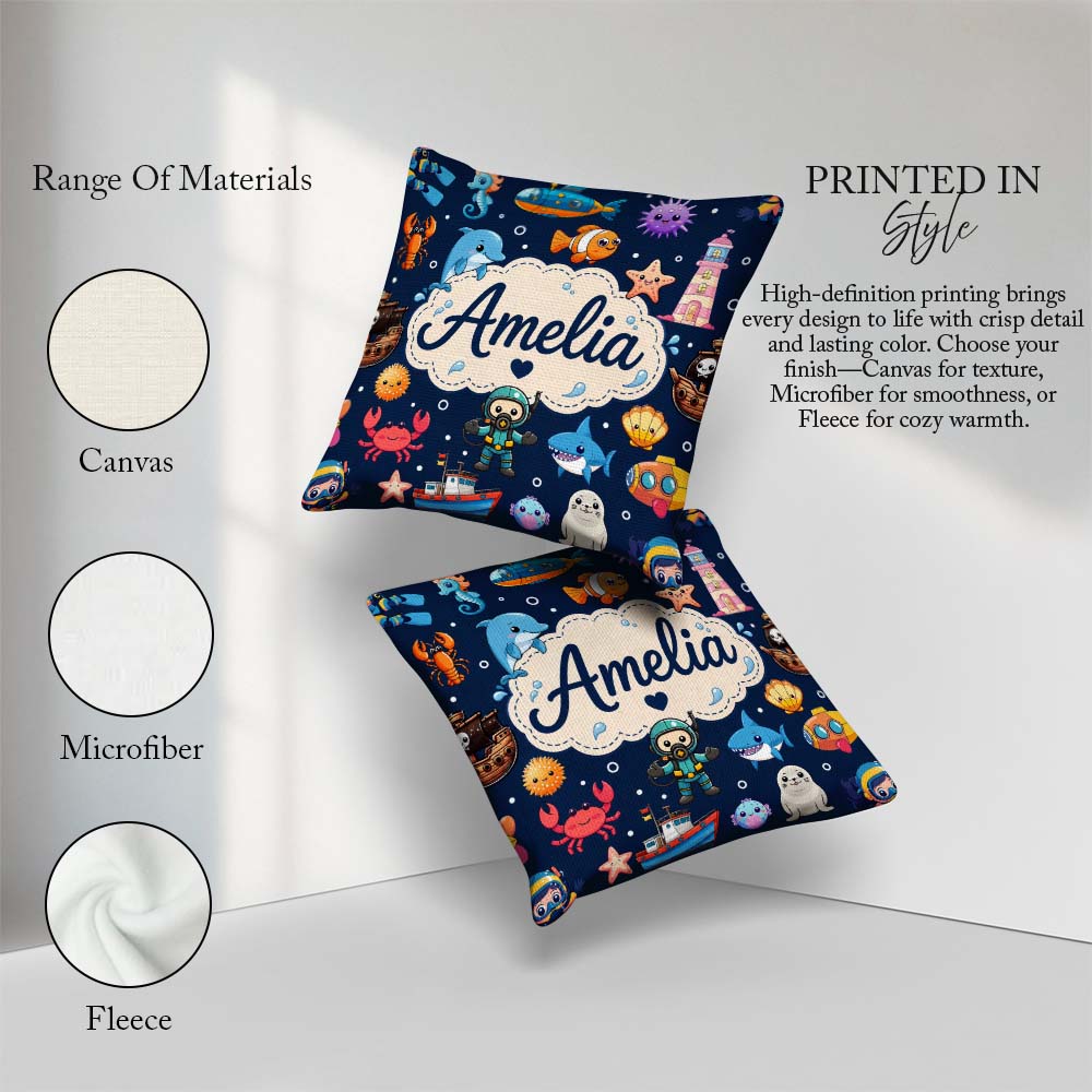 Custom Name Cartoon Ocean with Creatures on Deep Navy Background Square Filled Cushion Throw Pillow Sofa Bed Home Decor Zip Washable UK Made