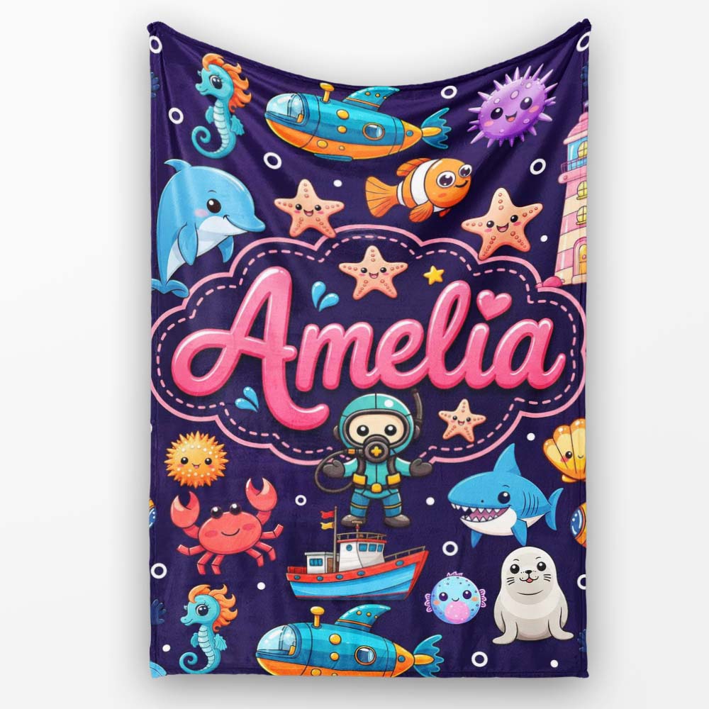 Cartoon Ocean with Various Sea Creatures on Rich Purple Background Personalised Custom Name Super Soft Fleece Blanket Bed Sofa Throw