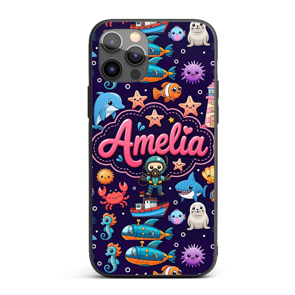 Cartoon Ocean with Various Sea Creatures on Rich Custom Name Protective Phone Case Mobile Cover Durable Everyday Smartphone Shock Resistant