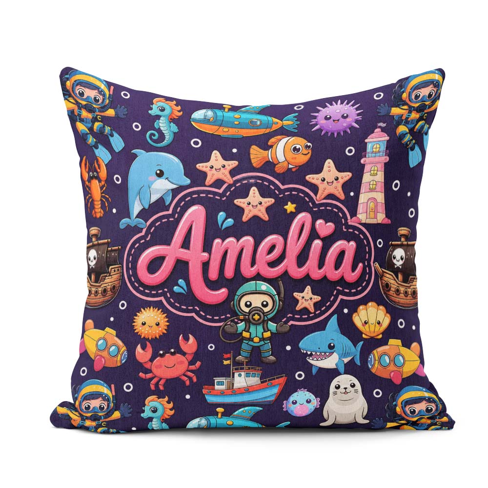 Custom Name Cartoon Ocean with Various Sea Creatures Rich Purple Square Filled Cushion Throw Pillow Sofa Bed Home Decor Zip Washable UK Made