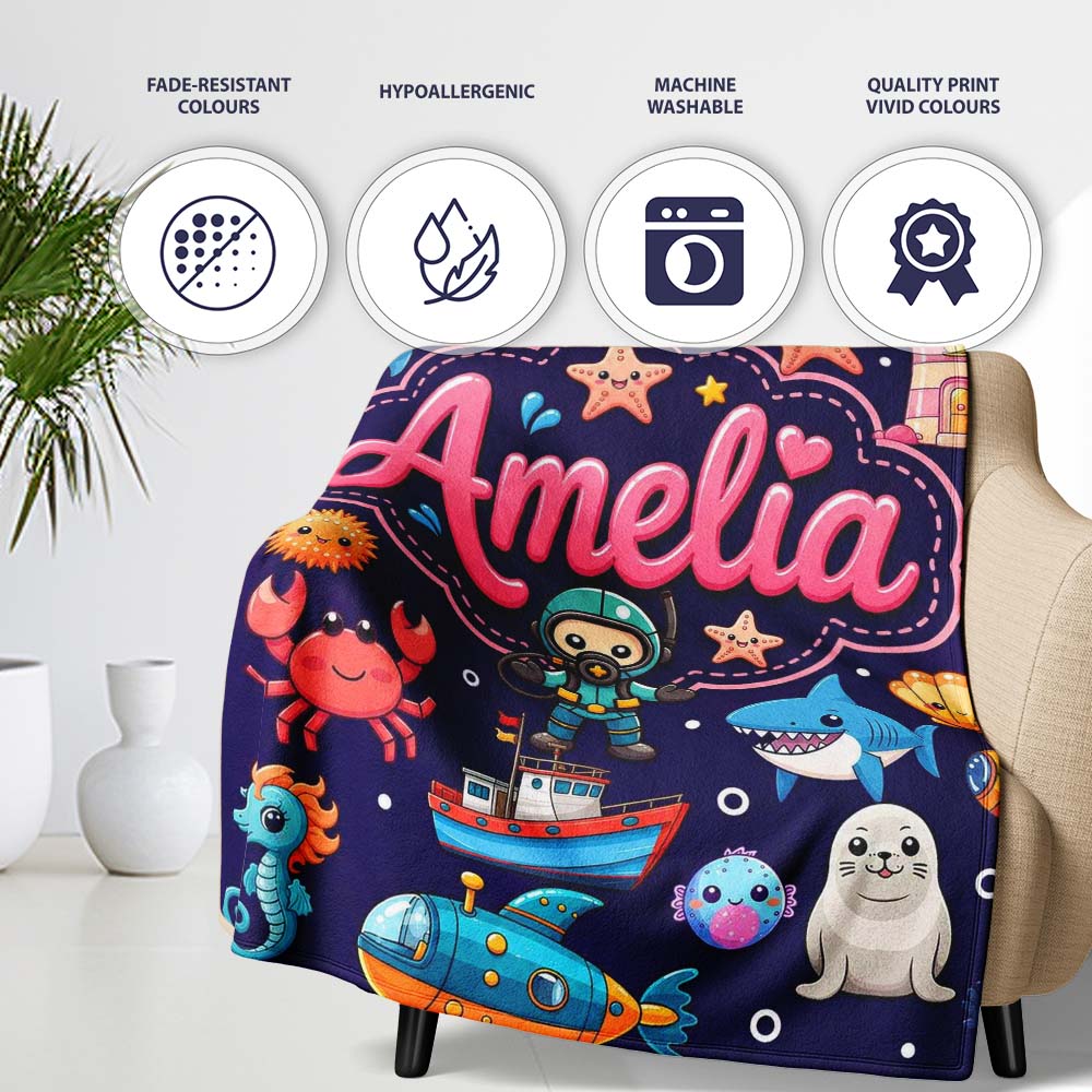 Cartoon Ocean with Various Sea Creatures on Rich Purple Background Personalised Custom Name Super Soft Fleece Blanket Bed Sofa Throw