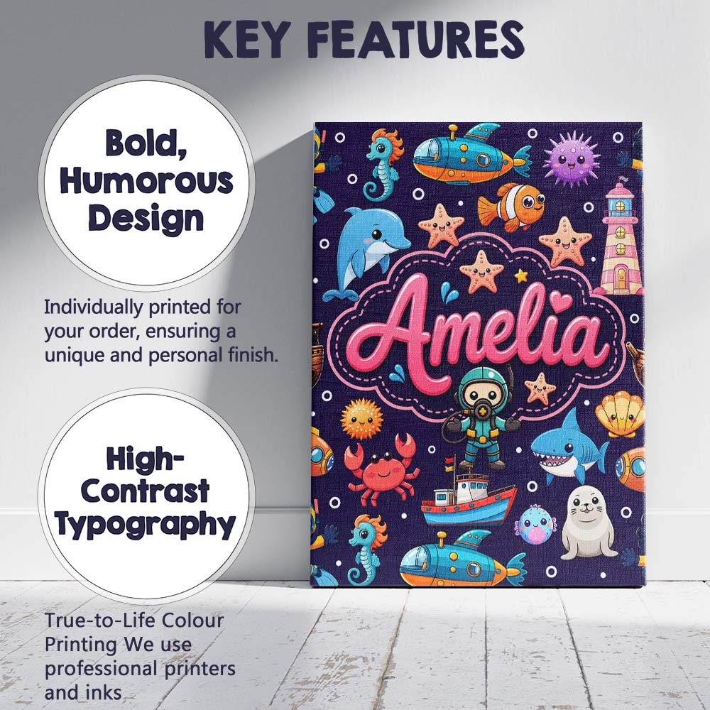 Personalised Name Cartoon Ocean with Custom Premium Decorative Design Modern Room Accent Canvas Wall Art Print Decor Picture Ready to Hang