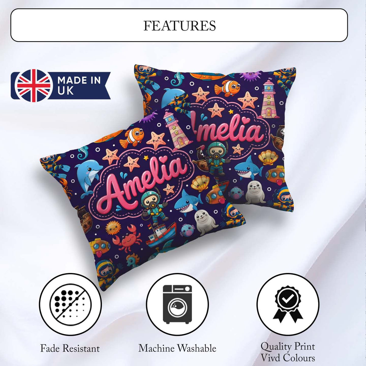 Custom Name Cartoon Ocean with Various Sea Creatures Rich Purple Square Filled Cushion Throw Pillow Sofa Bed Home Decor Zip Washable UK Made