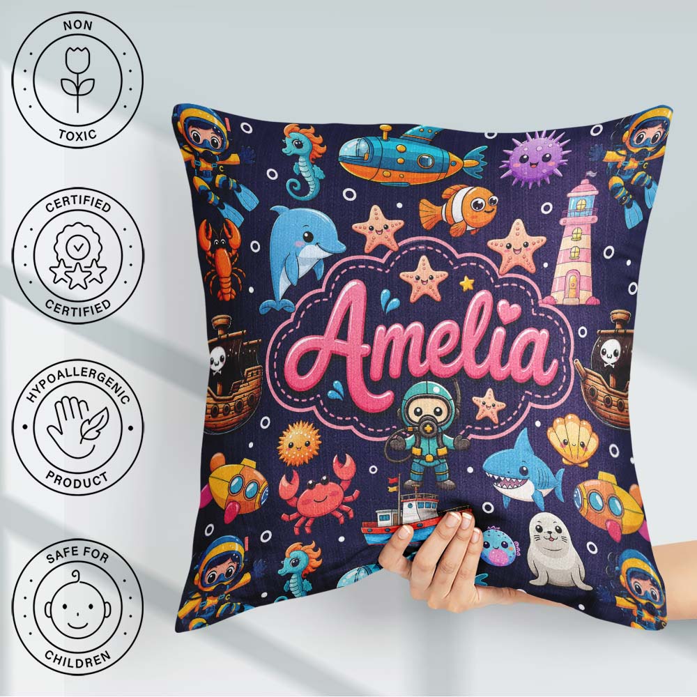 Custom Name Cartoon Ocean with Various Sea Creatures Rich Purple Square Filled Cushion Throw Pillow Sofa Bed Home Decor Zip Washable UK Made