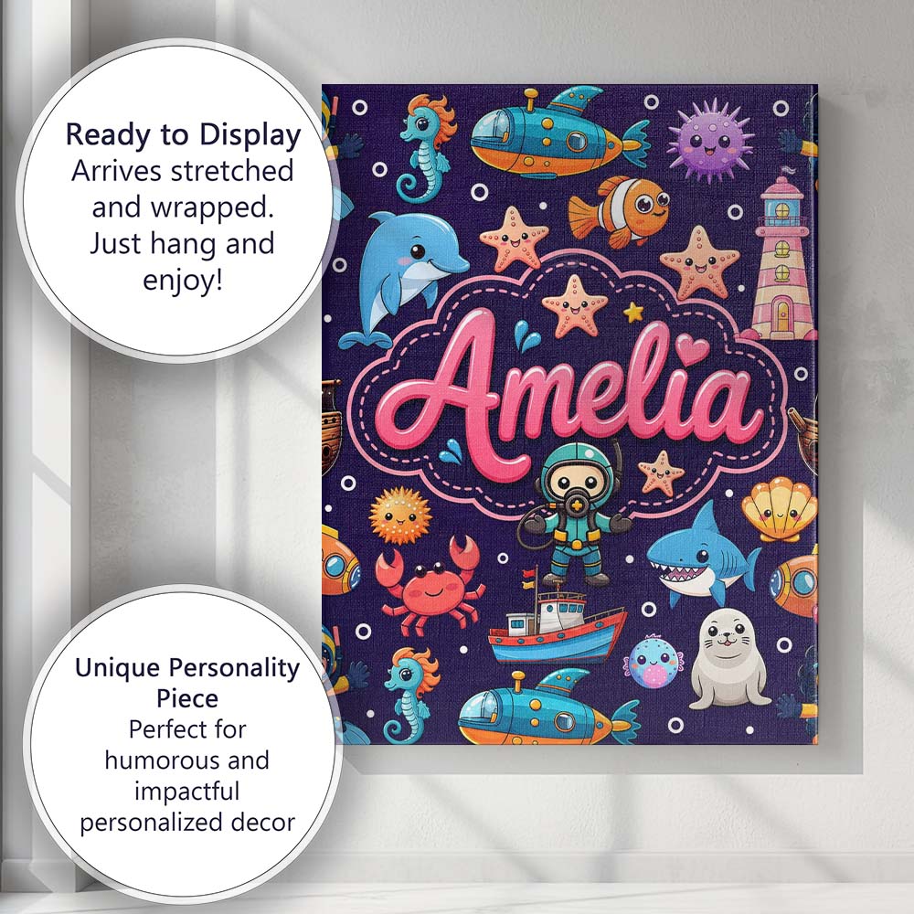 Personalised Name Cartoon Ocean with Custom Premium Decorative Design Modern Room Accent Canvas Wall Art Print Decor Picture Ready to Hang