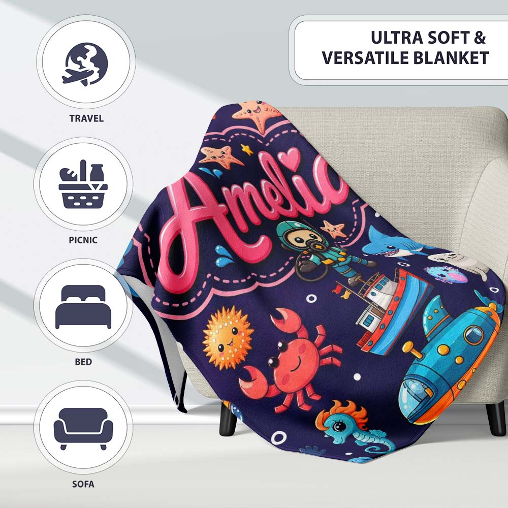 Cartoon Ocean with Various Sea Creatures on Rich Purple Background Personalised Custom Name Super Soft Fleece Blanket Bed Sofa Throw