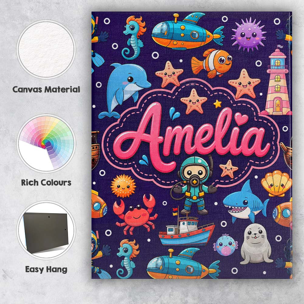 Personalised Name Cartoon Ocean with Custom Premium Decorative Design Modern Room Accent Canvas Wall Art Print Decor Picture Ready to Hang