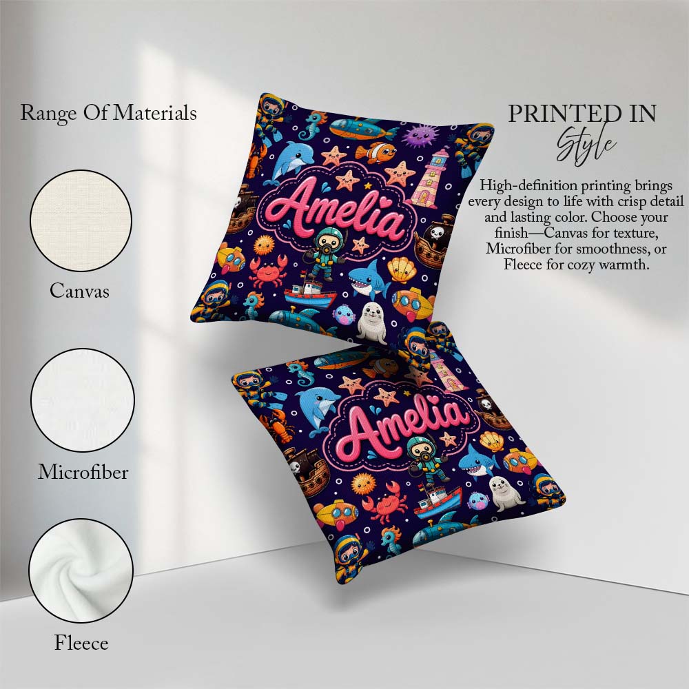 Custom Name Cartoon Ocean with Various Sea Creatures Rich Purple Square Filled Cushion Throw Pillow Sofa Bed Home Decor Zip Washable UK Made