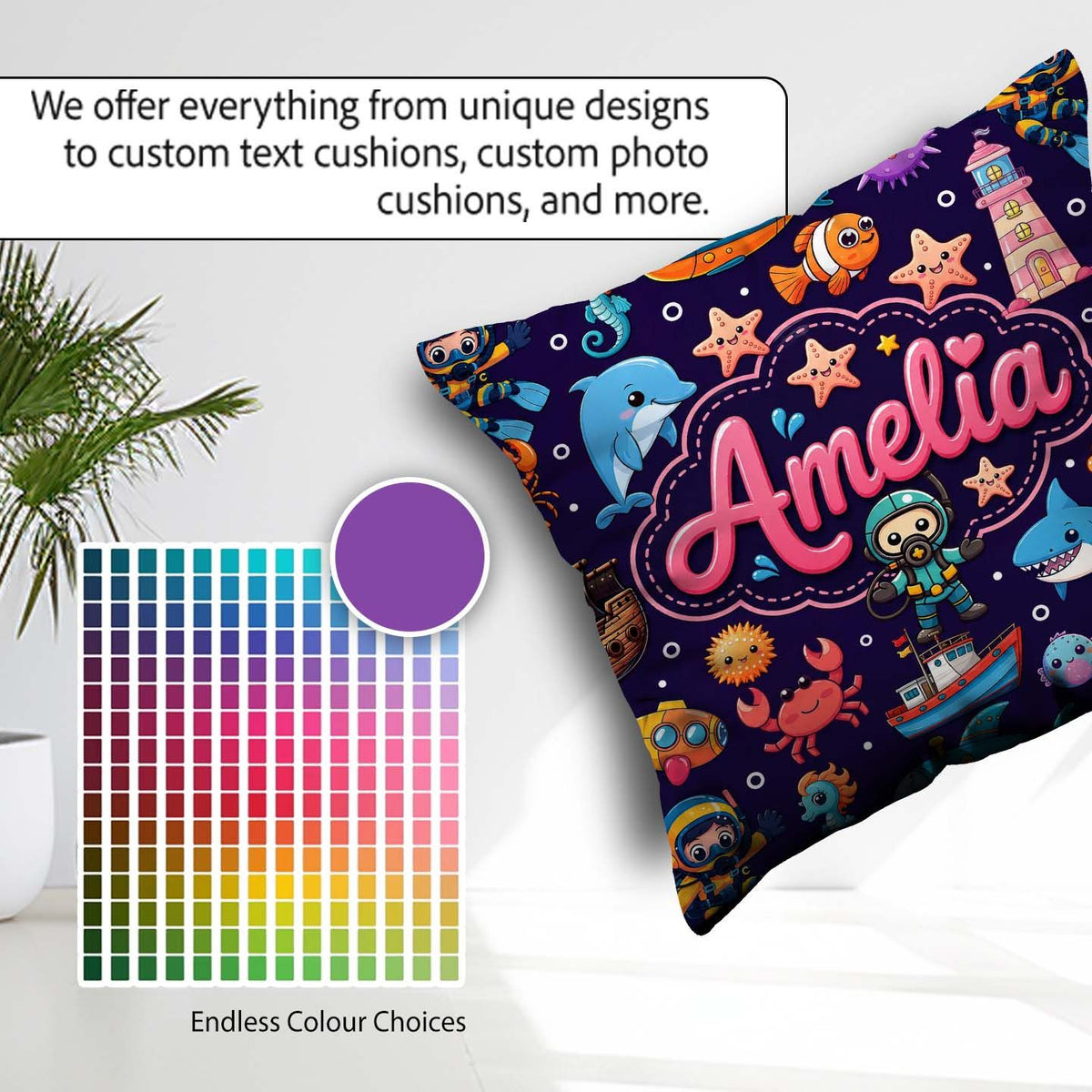 Custom Name Cartoon Ocean with Various Sea Creatures Rich Purple Square Filled Cushion Throw Pillow Sofa Bed Home Decor Zip Washable UK Made