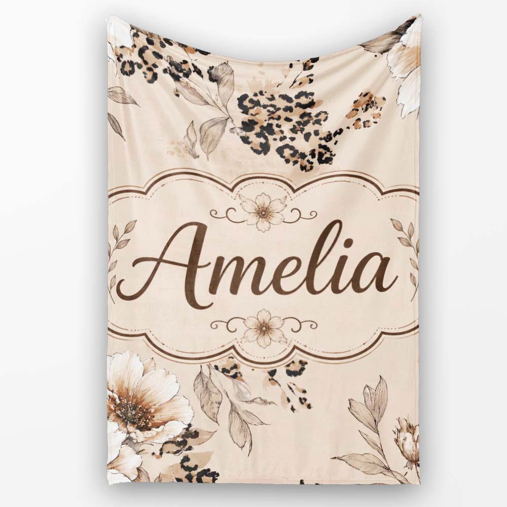 Elegant Beige Floral with Vintage Flowers and Leopard Print Lovely Personalised Custom Name Super Soft Fleece Blanket Bed Sofa Throw