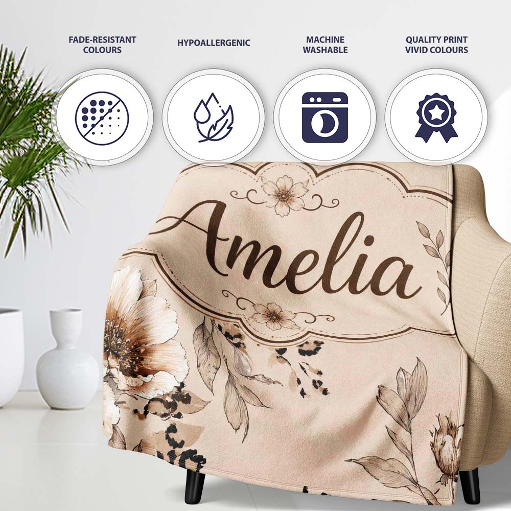Elegant Beige Floral with Vintage Flowers and Leopard Print Lovely Personalised Custom Name Super Soft Fleece Blanket Bed Sofa Throw