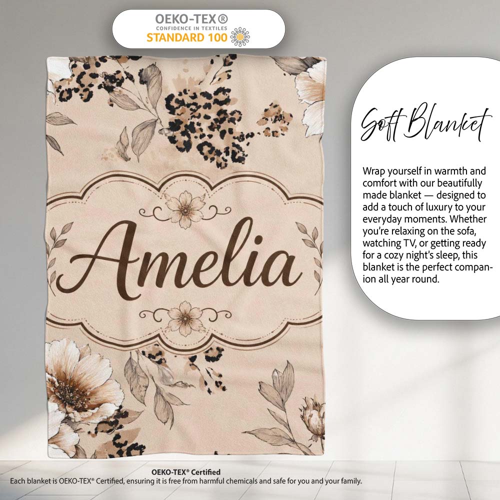 Elegant Beige Floral with Vintage Flowers and Leopard Print Lovely Personalised Custom Name Super Soft Fleece Blanket Bed Sofa Throw