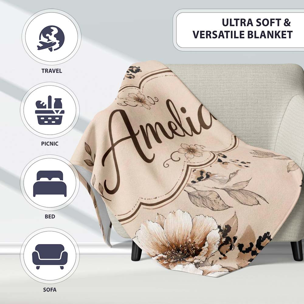 Elegant Beige Floral with Vintage Flowers and Leopard Print Lovely Personalised Custom Name Super Soft Fleece Blanket Bed Sofa Throw