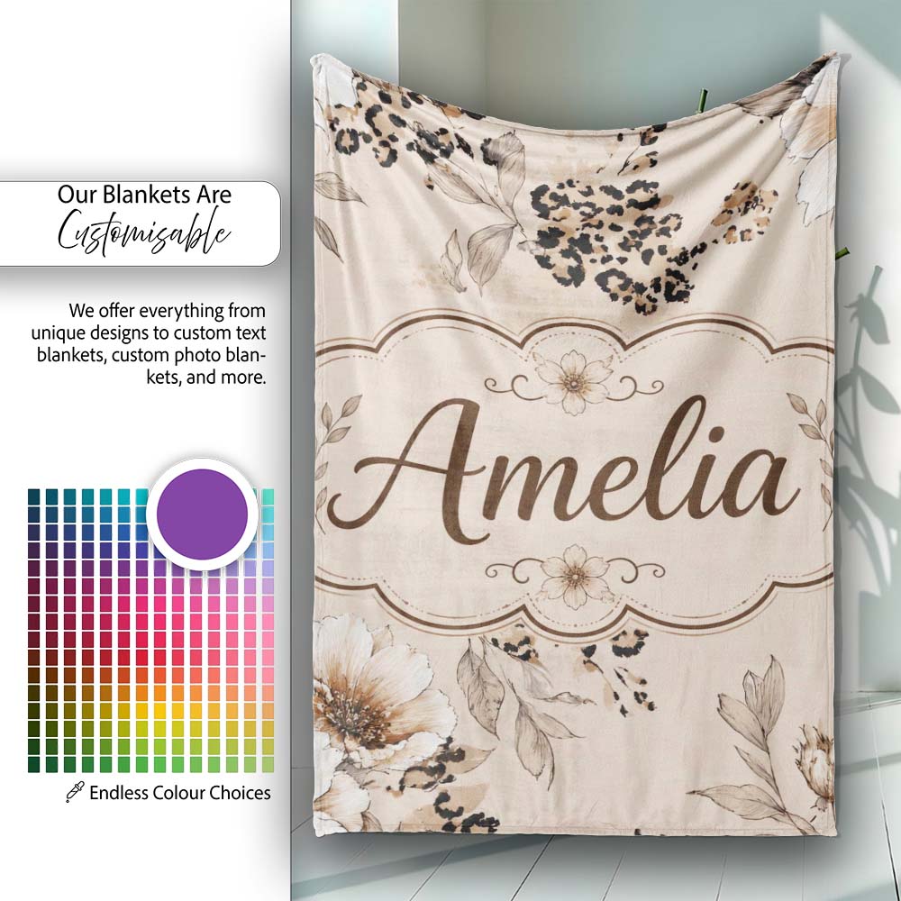 Elegant Beige Floral with Vintage Flowers and Leopard Print Lovely Personalised Custom Name Super Soft Fleece Blanket Bed Sofa Throw