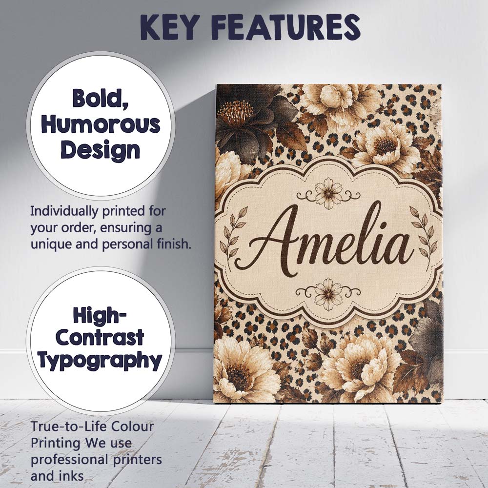 Personalised Name Neutral Floral with Large Custom Bespoke Interior Contemporary Canvas Wall Art Print Decor Picture Ready to Hang