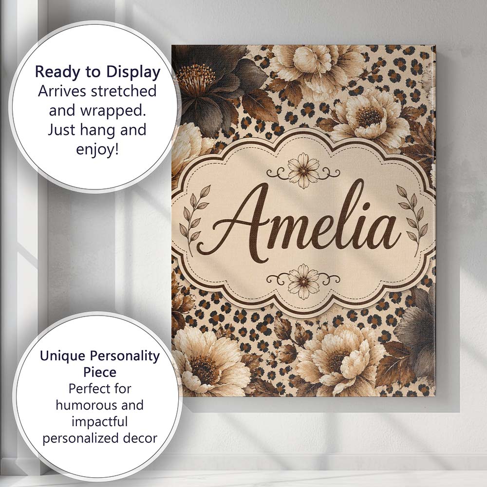 Personalised Name Neutral Floral with Large Custom Bespoke Interior Contemporary Canvas Wall Art Print Decor Picture Ready to Hang