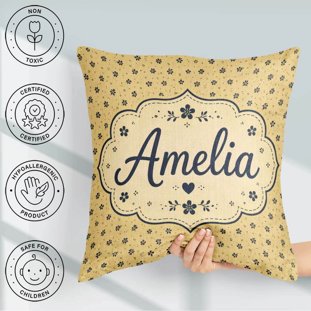 Custom Name Minimal Beige Ditsy with Small Black Flowers on Warm Square Filled Cushion Throw Pillow Sofa Bed Home Decor Zip Washable UK Made