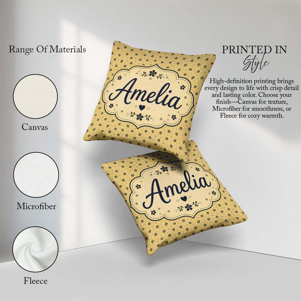 Custom Name Minimal Beige Ditsy with Small Black Flowers on Warm Square Filled Cushion Throw Pillow Sofa Bed Home Decor Zip Washable UK Made