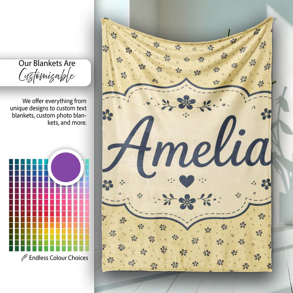 Minimal Beige Floral Ditsy with Small Black Flowers on Warm Neutral Personalised Custom Name Super Soft Fleece Blanket Bed Sofa Throw