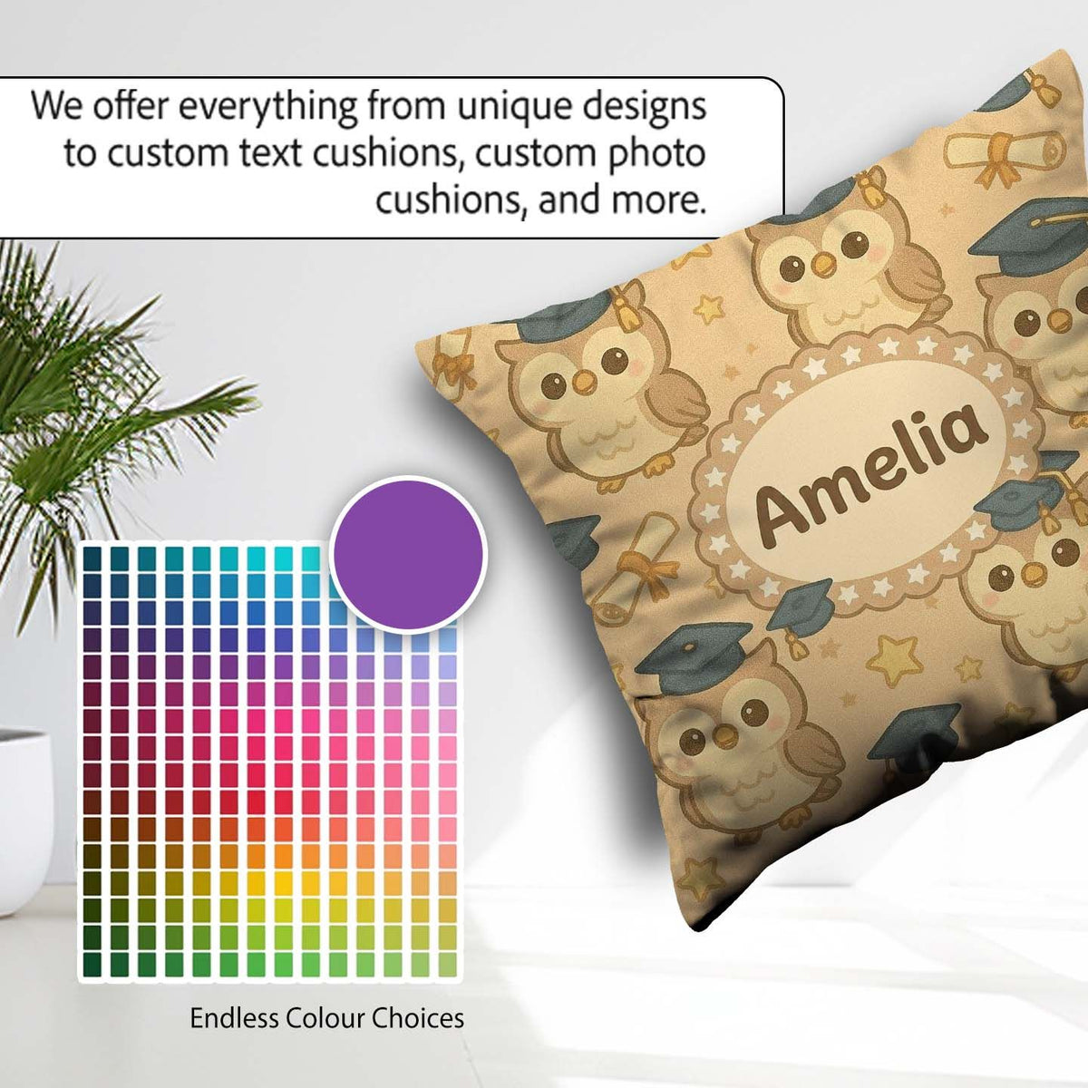 Custom Name Cute Graduation Owl Cartoon Animal Pattern Cute Gift Square Filled Cushion Throw Pillow Sofa Bed Home Decor Zip Washable UK Made