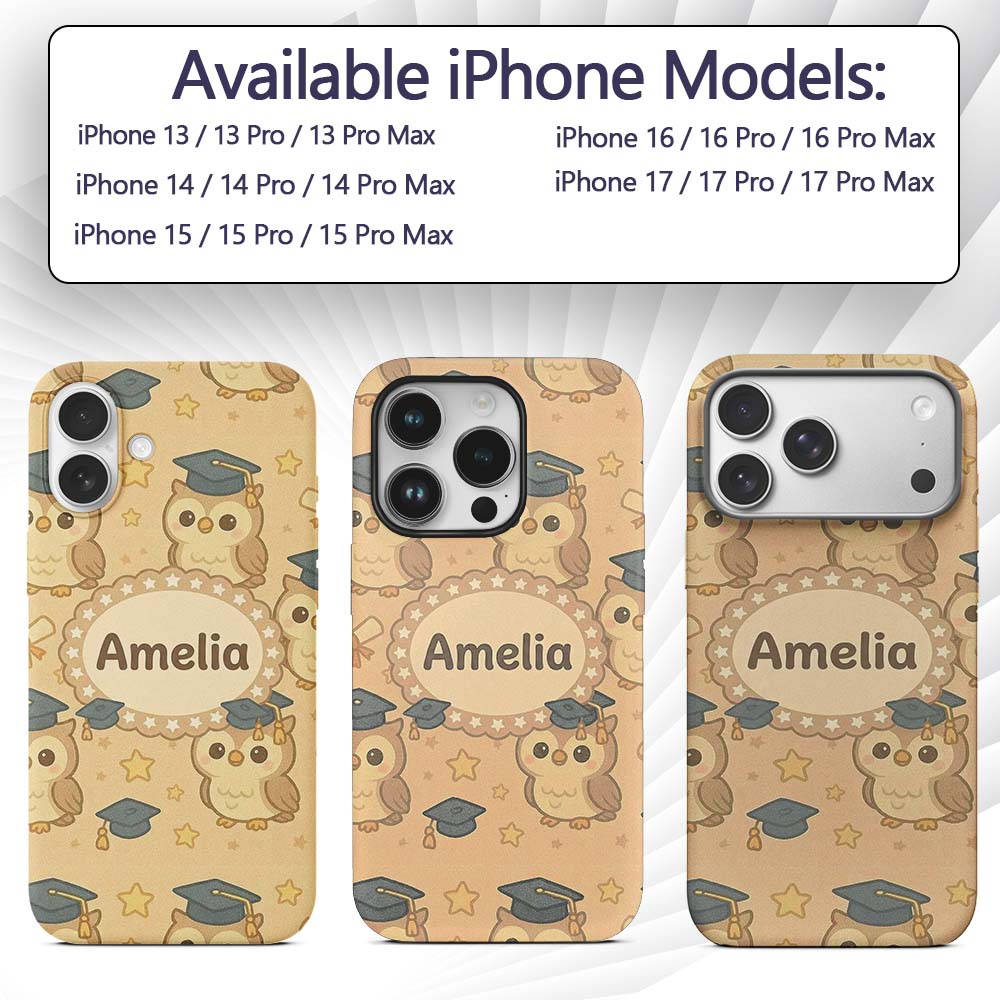Cute Graduation Owl Cartoon Animal Pattern Cute Custom Name Protective Phone Case Mobile Cover Durable Everyday Smartphone Shock Resistant