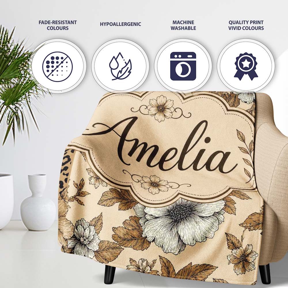 Vintage Neutral Floral Detailed Flowers and Leopard Print Panel Personalised Custom Name Super Soft Fleece Blanket Bed Sofa Throw
