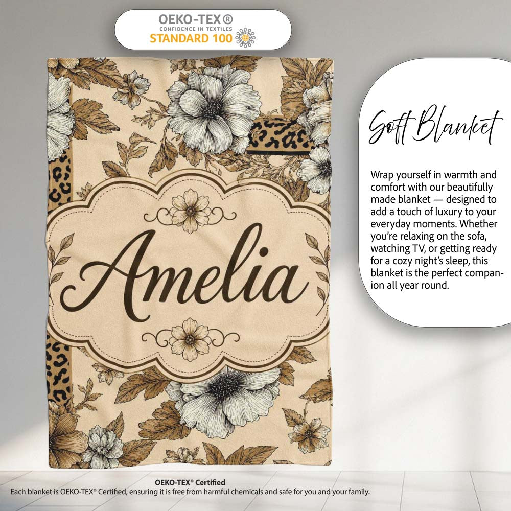 Vintage Neutral Floral Detailed Flowers and Leopard Print Panel Personalised Custom Name Super Soft Fleece Blanket Bed Sofa Throw
