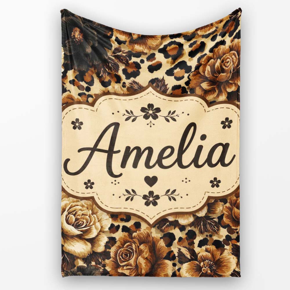 Vintage Floral and Leopard Print in Neutral Beige and Black Tones Personalised Custom Name Super Soft Fleece Blanket Bed Sofa Throw
