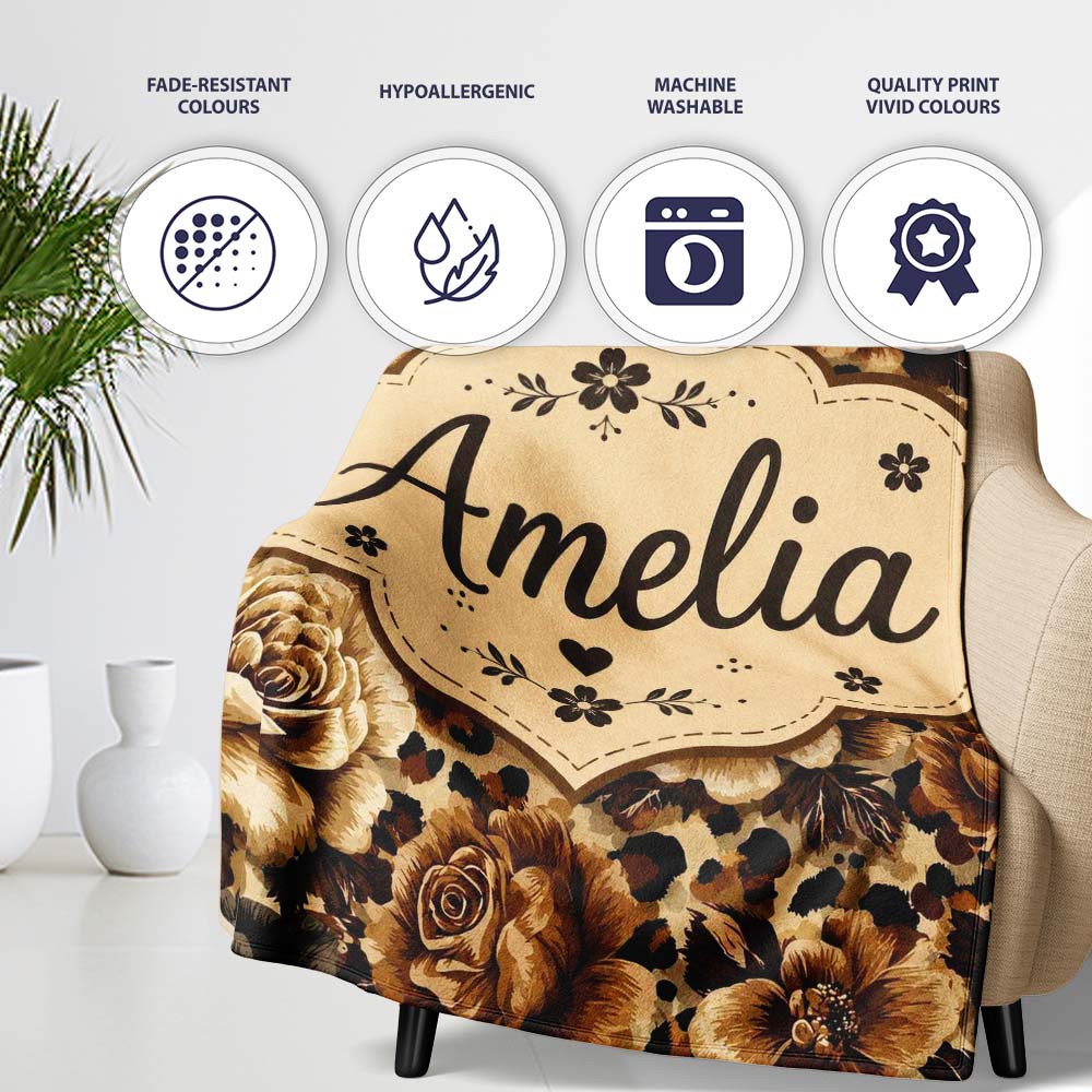 Vintage Floral and Leopard Print in Neutral Beige and Black Tones Personalised Custom Name Super Soft Fleece Blanket Bed Sofa Throw