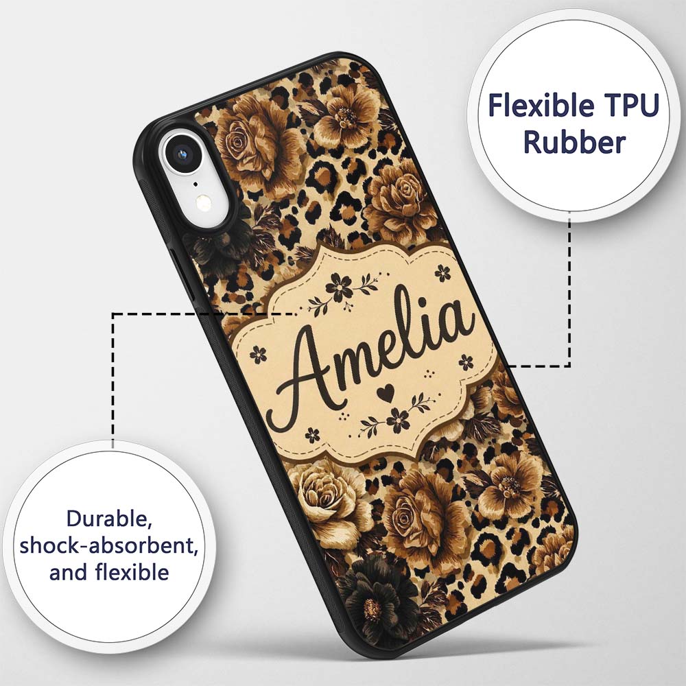 Vintage Floral and Leopard Print in Neutral Beige Custom Name Protective Phone Case Mobile Cover Durable Everyday Smartphone Shock Resistant