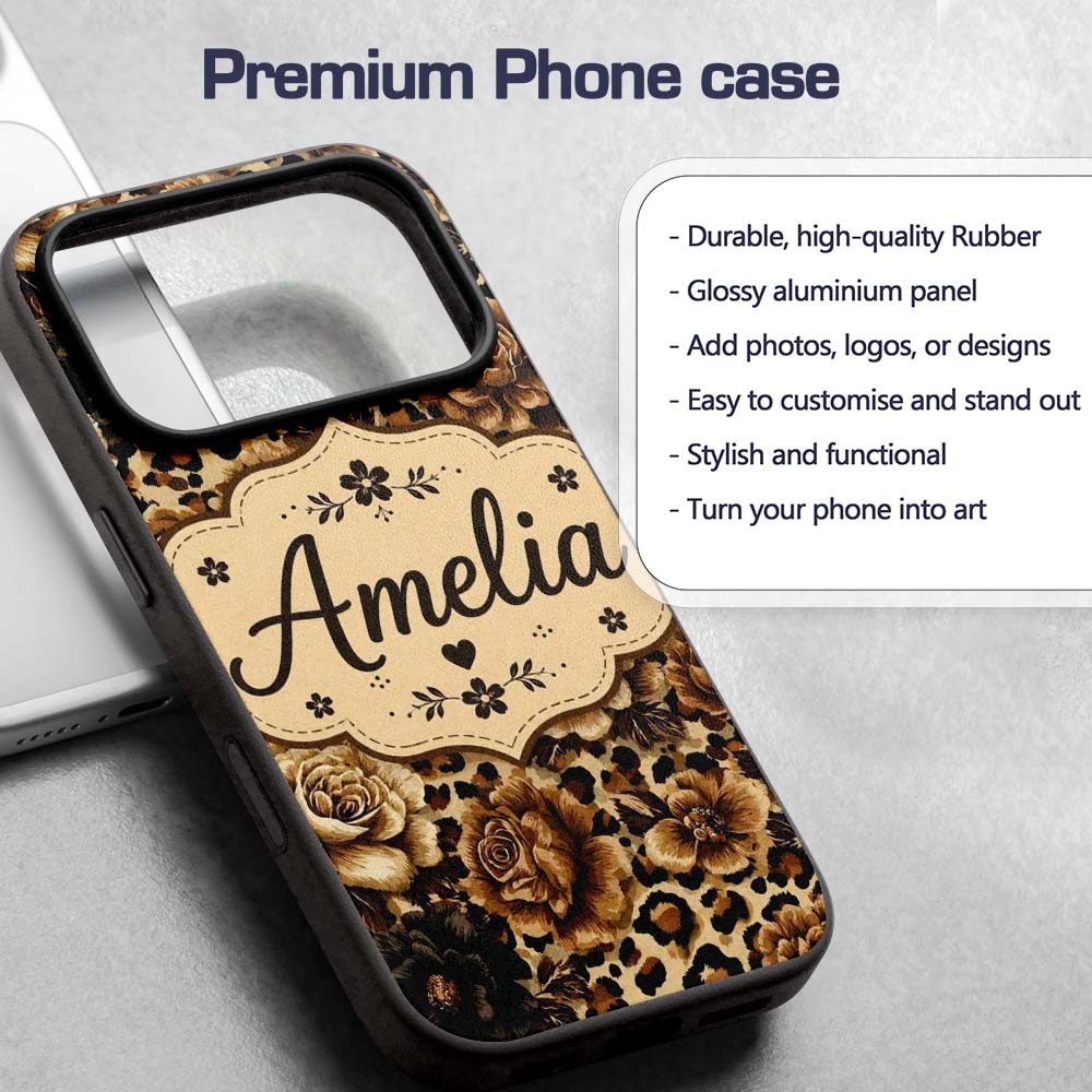 Vintage Floral and Leopard Print in Neutral Beige Custom Name Protective Phone Case Mobile Cover Durable Everyday Smartphone Shock Resistant