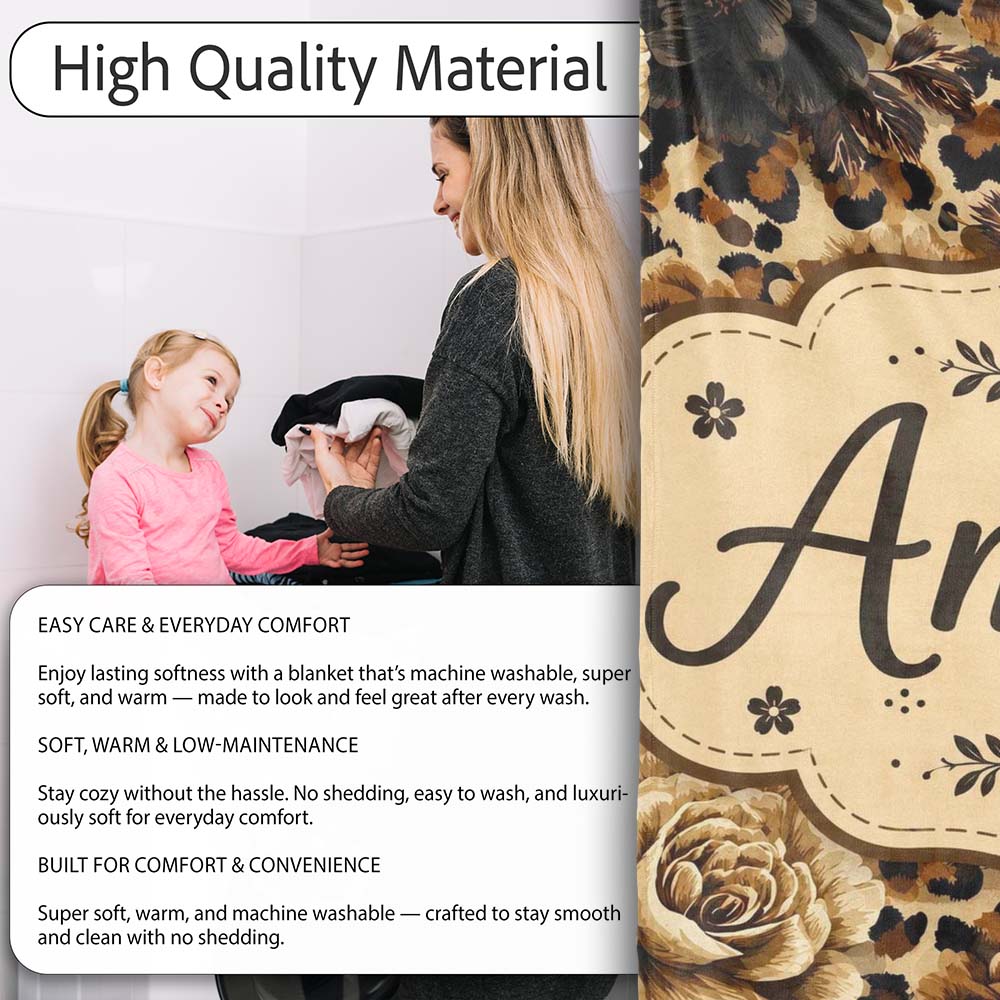 Vintage Floral and Leopard Print in Neutral Beige and Black Tones Personalised Custom Name Super Soft Fleece Blanket Bed Sofa Throw