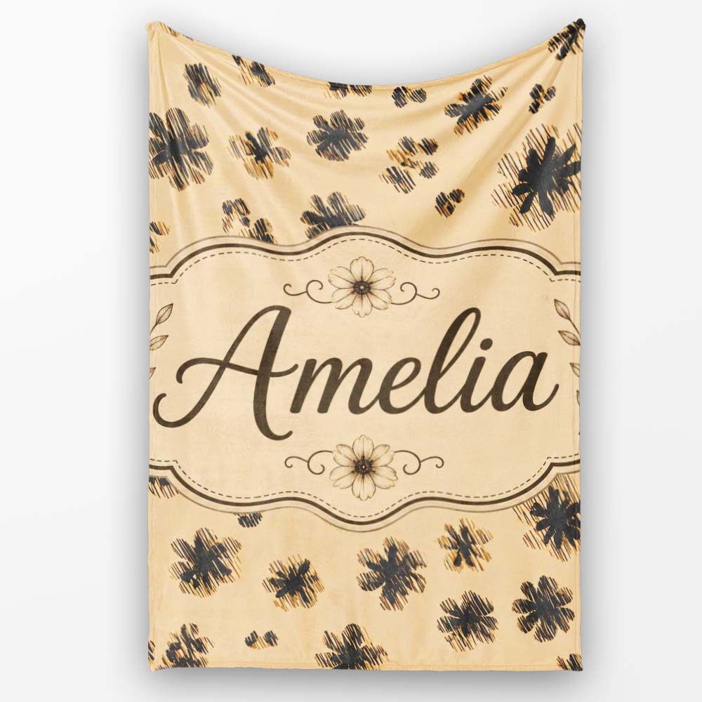 Abstract Leopard Spot and Floral Ditsy with Black Motifs Warm Beige Personalised Custom Name Super Soft Fleece Blanket Bed Sofa Throw