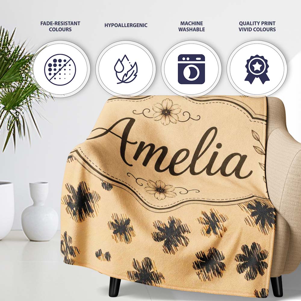 Abstract Leopard Spot and Floral Ditsy with Black Motifs Warm Beige Personalised Custom Name Super Soft Fleece Blanket Bed Sofa Throw