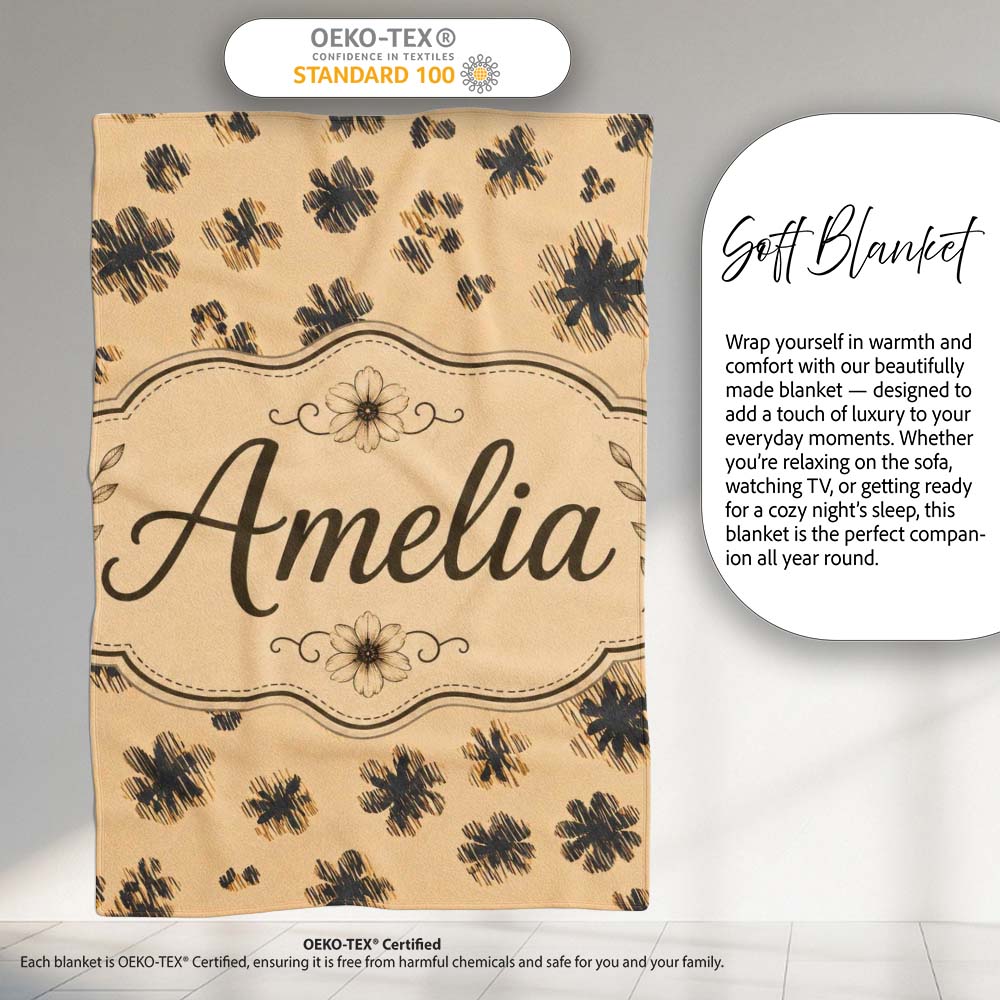 Abstract Leopard Spot and Floral Ditsy with Black Motifs Warm Beige Personalised Custom Name Super Soft Fleece Blanket Bed Sofa Throw