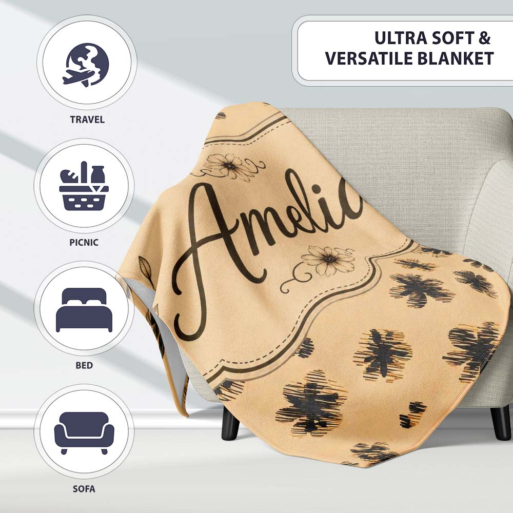Abstract Leopard Spot and Floral Ditsy with Black Motifs Warm Beige Personalised Custom Name Super Soft Fleece Blanket Bed Sofa Throw