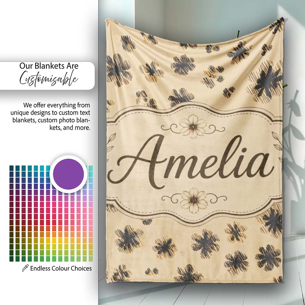 Abstract Leopard Spot and Floral Ditsy with Black Motifs Warm Beige Personalised Custom Name Super Soft Fleece Blanket Bed Sofa Throw
