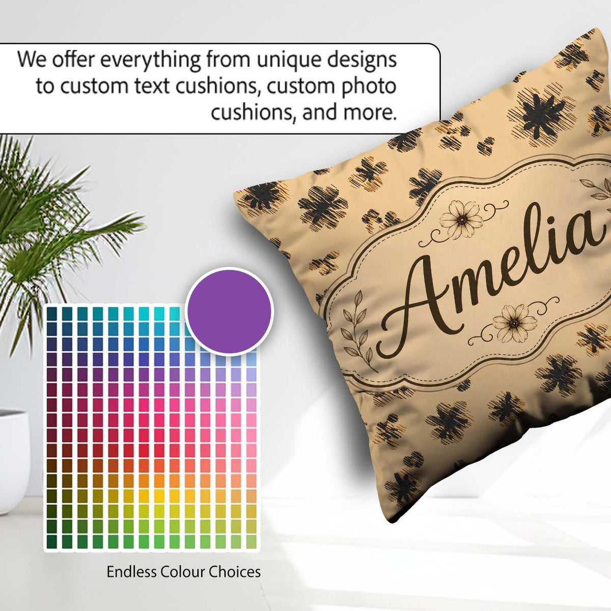 Custom Name Leopard Spot and Floral Ditsy with Black Motifs Warm Square Filled Cushion Throw Pillow Sofa Bed Home Decor Zip Washable UK Made