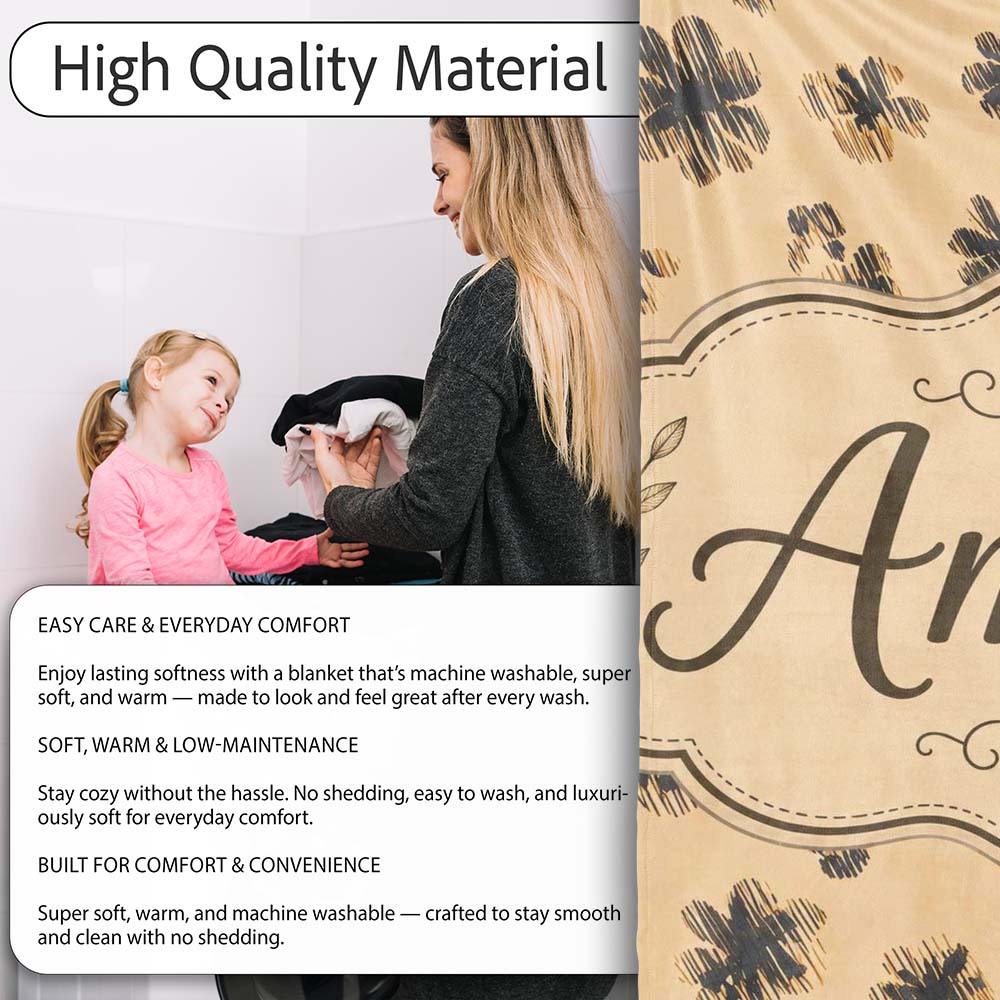 Abstract Leopard Spot and Floral Ditsy with Black Motifs Warm Beige Personalised Custom Name Super Soft Fleece Blanket Bed Sofa Throw