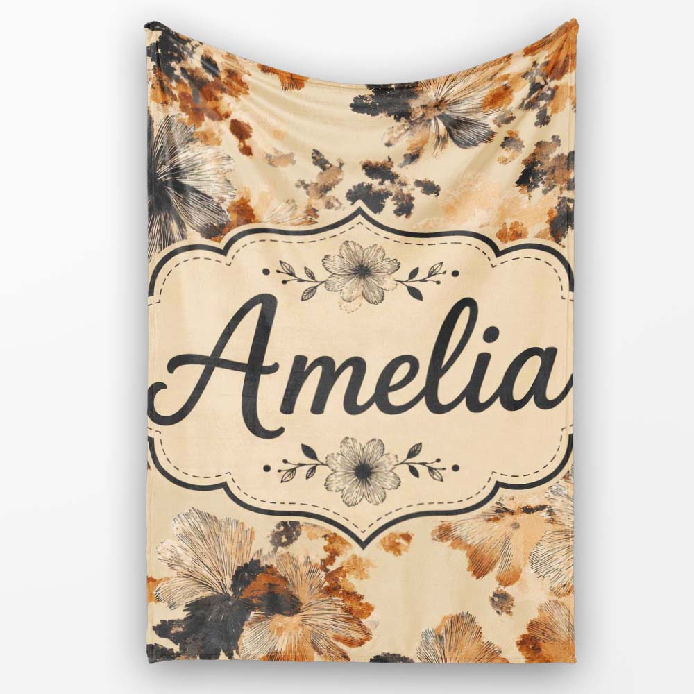 Artistic Watercolor Floral with Soft Neutral Tones Texture Lovely Personalised Custom Name Super Soft Fleece Blanket Bed Sofa Throw