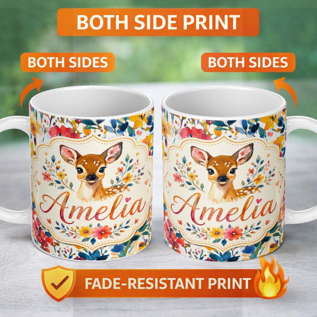 Personalized Custom Name Watercolor Baby Deer Fawn with Colorful Floral Botanical Background 11oz Ceramic Coffee Tea Mug White Large Handle