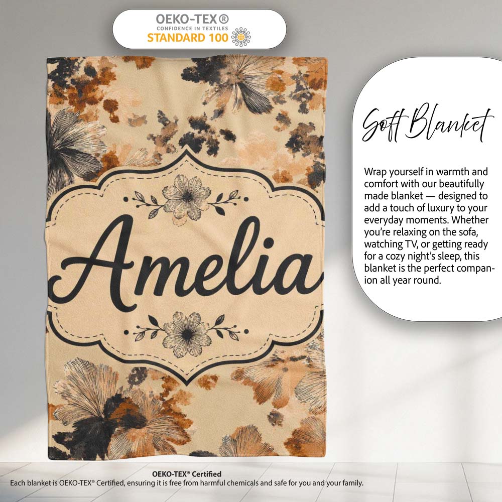 Artistic Watercolor Floral with Soft Neutral Tones Texture Lovely Personalised Custom Name Super Soft Fleece Blanket Bed Sofa Throw