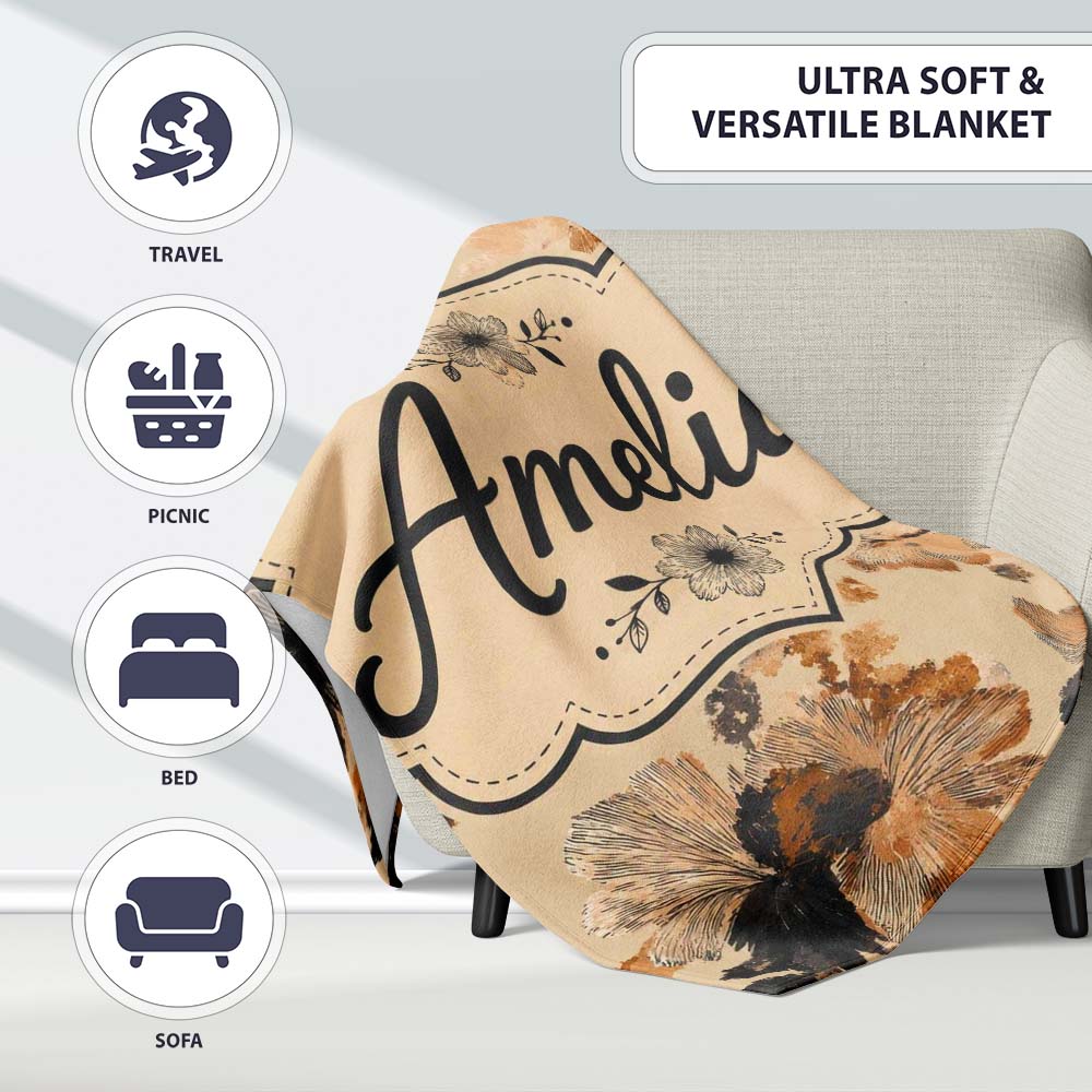 Artistic Watercolor Floral with Soft Neutral Tones Texture Lovely Personalised Custom Name Super Soft Fleece Blanket Bed Sofa Throw