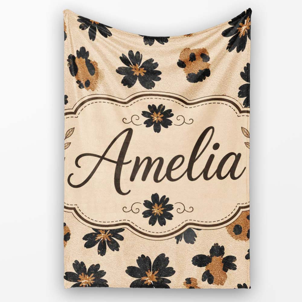 Modern Minimal Floral and Leopard Mix Black FlowersTextured Beige Personalised Custom Name Super Soft Fleece Blanket Bed Sofa Throw