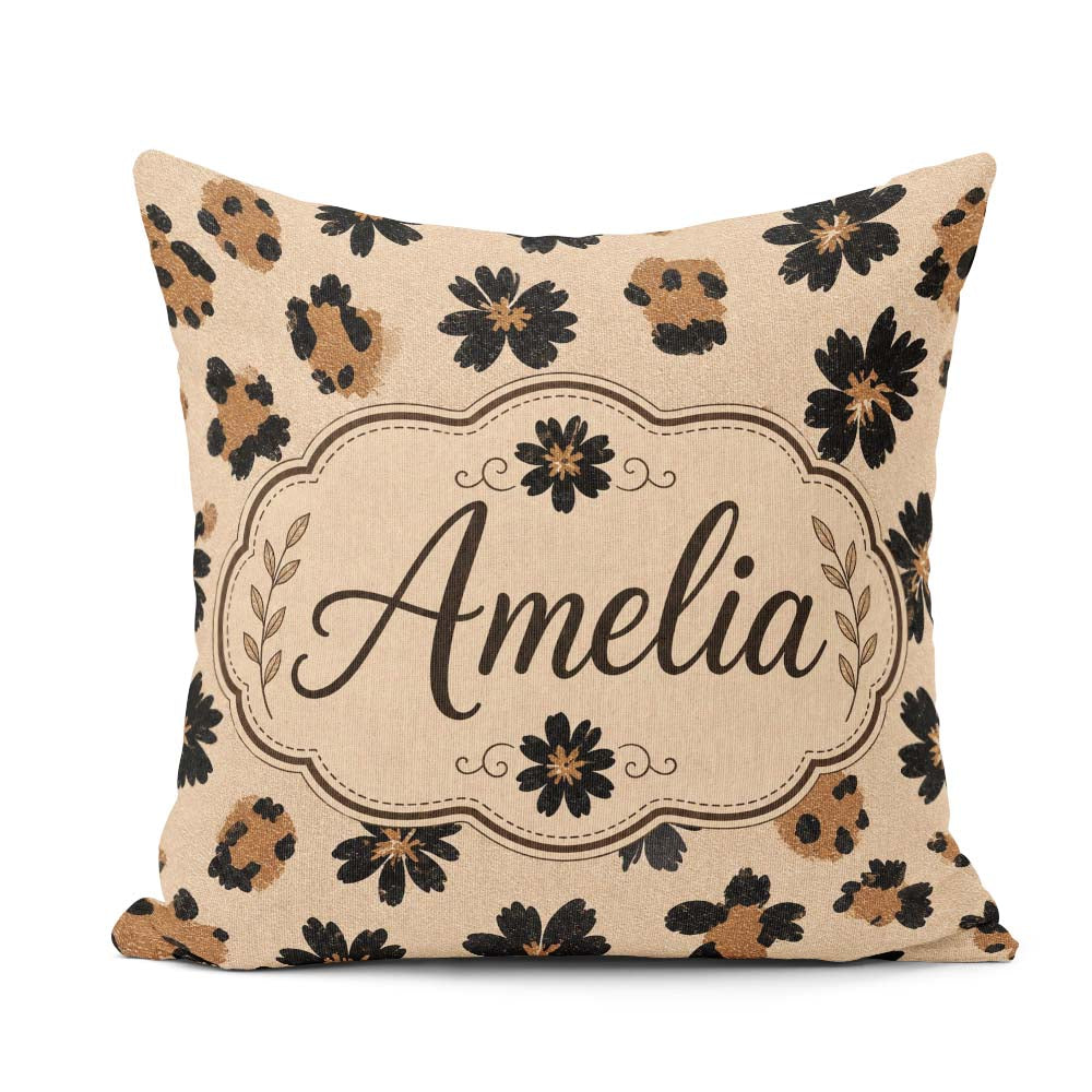 Custom Name Modern Minimal Floral and Leopard Mix Black Beige Square Filled Cushion Throw Pillow Sofa Bed Home Decor Zip Washable UK Made