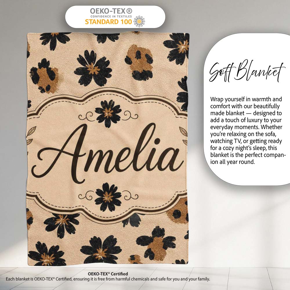 Modern Minimal Floral and Leopard Mix Black FlowersTextured Beige Personalised Custom Name Super Soft Fleece Blanket Bed Sofa Throw