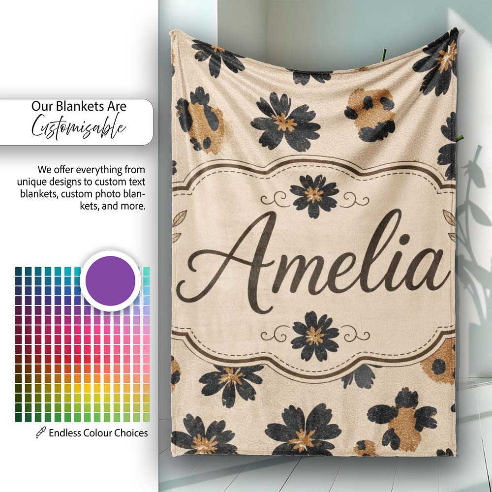Modern Minimal Floral and Leopard Mix Black FlowersTextured Beige Personalised Custom Name Super Soft Fleece Blanket Bed Sofa Throw