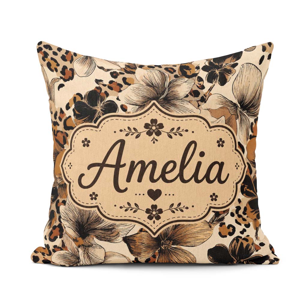 Custom Name Elegant Neutral Floral Leopard Print with Hand Drawn Square Filled Cushion Throw Pillow Sofa Bed Home Decor Zip Washable UK Made