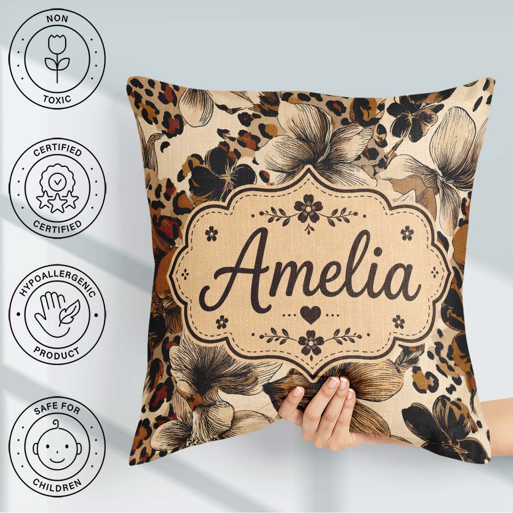 Custom Name Elegant Neutral Floral Leopard Print with Hand Drawn Square Filled Cushion Throw Pillow Sofa Bed Home Decor Zip Washable UK Made